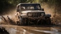 Off road vehicle coming out of a mud hole hazard,mud and water splash in off-road racing. Generative Ai Royalty Free Stock Photo