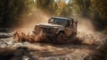 Off road vehicle coming out of a mud hole hazard,mud and water splash in off-road racing. Generative Ai Royalty Free Stock Photo