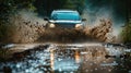 An off road vehicle drives through a puddle with splashing mud and water