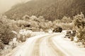 Off-road vehicle goes on the mountain way during the winter rainy season in Himalayan mountain range Gangtok Sikkim India Royalty Free Stock Photo