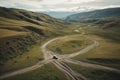 off-road vehicle traversing winding path through scenic landscape Royalty Free Stock Photo