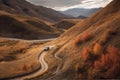 off-road vehicle traversing winding path through scenic landscape Royalty Free Stock Photo