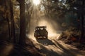 off-road vehicle trekking through a forest, with the sun shining through the trees