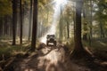 off-road vehicle trekking through a forest, with the sun shining through the trees