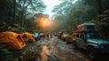 Off-road vehicles with rooftop tents in a rainforest at dawn