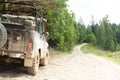 Off road 4x4 adventure, jeep on mountain dirt road. Copy space for text