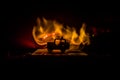 Off roader jeep silhouette on dark toned foggy sky background. Car with light at night