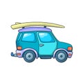 Off-roader and surfing board. SUV car or jeep isoated. Travel vehicle vector illustration on white background Royalty Free Stock Photo