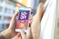 50% OFF Sale. Smartphone sale advertising. Internet publicity.