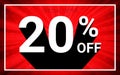 20% OFF Sale. White color 3D text and black shadow on red burst background design.