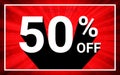 50% OFF Sale. White Color 3D Text And Black Shadow On Red Burst Background Design.