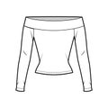 Off-the-shoulder stretch top technical fashion illustration with long sleeves, close-fitting shape. Flat shirt outwear
