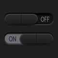 On and Off slider switch buttons. Black 3d oval icons