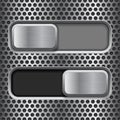 On and Off square slider buttons. Metal switch interface buttons on perforated background