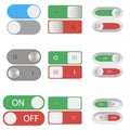 On and Off switch buttons. Set of Include and shutdown toggle sliders. Element of design for applications, websites. Vector.