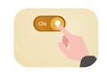 On and off toggle button with idea bulb icon, creative and idea sign, solution, idea concept. Human hand turning sign of