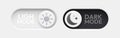On and Off toggle switch buttons. Dark mode and light mode. Material design switch set. Day and night mode switch button