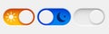 On and Off toggle switch buttons. Dark mode and light mode. Material design switch set. Day and night mode switch button