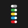 On / Off Toggle Switch multicolored set. On and off button sign symbol isolated on dark background. Vector EPS 10 Royalty Free Stock Photo