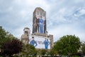 Off-White billboard covering the scaffoldings of the renovation works on the Sainte-TrinitÃ© church, Paris, France