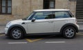 Off white Mini Cooper car parked in Salamanca