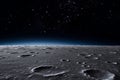 Off-world view from on the surface of the moon with craters - outer space visible on the glowing horizon with stars and galaxies Royalty Free Stock Photo