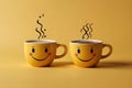 offee cups with smiley faces on yellow background Coffee concept Royalty Free Stock Photo