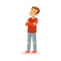Offended boy character standing with folded arms vector Illustration