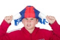 Offended boy in a fan helmet Royalty Free Stock Photo