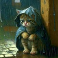 Offended cat sitting on the street in the rain. Created with Generative AI