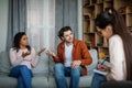 Offended dissatisfied angry emotional millennial different husband and wife swear at meeting with psychologist