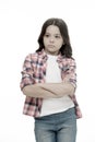 Offended feelings. Child offended keep silence. Girl serious face offended white background. Kid unhappy looks strictly