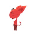 Offended red devil turned away, standing with arms crossed. Demon character with big ears, little horns and tail Royalty Free Stock Photo