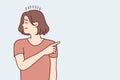 Offended woman turns away and closing eyes points finger to side after quarrel. Vector image