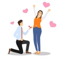 An offer of marriage. A man kneeling with a wedding ring makes a marriage proposal to a happy woman. Vector illustration