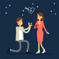 An offer of marriage. Man proposes a woman to marry him and gives an engagement ring. Vector illustration in cartoon