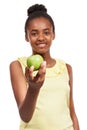 Offer, nutrition and health with portrait of girl and apple in studio for smile, wellness and diet. Food, self care and