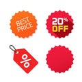 Offer promo special best price tag icon vector or discount off sale label badge product shop sticker flat cartoon illustration red