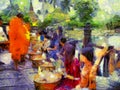 Offering alms to monks in the morning Illustrations creates an impressionist style of painting