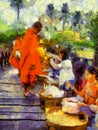 Offering alms to monks in the morning Illustrations creates an impressionist style of painting