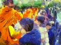 Offering alms to monks in the morning Illustrations creates an impressionist style of painting