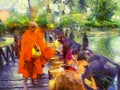 Offering alms to monks in the morning Illustrations creates an impressionist style of painting