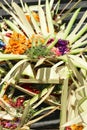 Offering to Hindu Gods in Bali island which called Canang and made from leaves and flowers Royalty Free Stock Photo