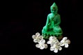 Offering white flowers to the statue of lord Buddha made of green stone