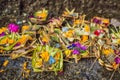 Offerings to gods in Bali with flowers, food and aroma sticks Royalty Free Stock Photo