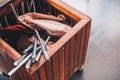 Offertory bags in a wooden box. 