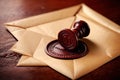 Offical wax seal used to certify identity and authority, on document envelope