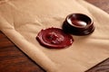 Offical wax seal used to certify identity and authority, on document envelope