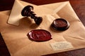 Offical wax seal used to certify identity and authority, on document envelope