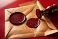 Offical wax seal used to certify identity and authority, on document envelope